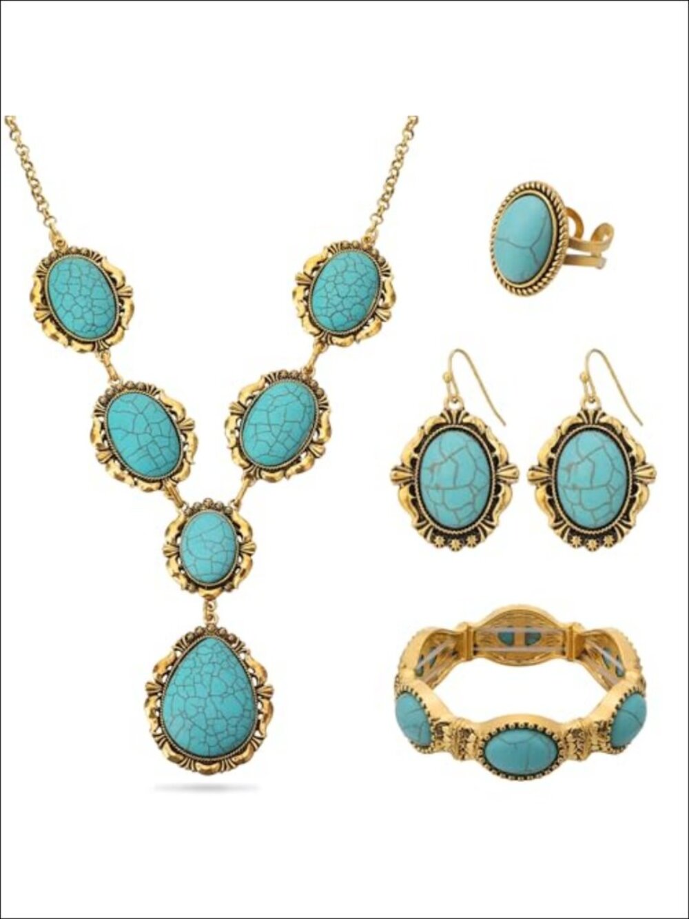 Turquoise Jewelry Set 4 Pcs Necklace Earrings Bracelet Ring Western Boho